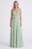 A-Line Sage Chiffon Floral Spaghetti Straps Long Bridesmaid Dress