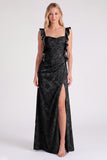 Floral Jacquard Ruffle Strap Long Bridesmaid Dress with Slit