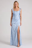 Floral Jacquard Ruffle Strap Long Bridesmaid Dress with Slit