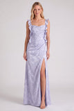 Floral Jacquard Ruffle Strap Long Bridesmaid Dress with Slit
