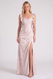 Floral Jacquard Ruffle Strap Long Bridesmaid Dress with Slit