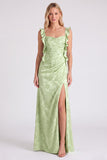 Floral Jacquard Ruffle Strap Long Bridesmaid Dress with Slit