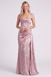 Satin Sage Strapless Ruched Mermaid Floral Long Bridesmaid Dress with Sash