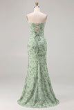 Mermaid Sage Strapless Corset Ruched Long Bridesmaid Dress with Lace Up Back