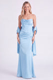 Mermaid Sage Strapless Corset Ruched Long Bridesmaid Dress with Lace Up Back