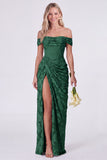 Sage Off the Shoulder Corset Floral Mermaid Ruched Long Bridesmaid Dress with Slit