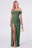 Sage Off the Shoulder Corset Floral Mermaid Ruched Long Bridesmaid Dress with Slit
