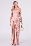Sage Off the Shoulder Corset Floral Mermaid Ruched Long Bridesmaid Dress with Slit
