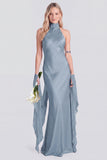 Pink Halter Neck Satin Mermaid Long Bridesmaid Dress