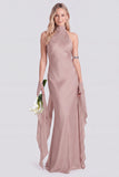 Pink Halter Neck Satin Mermaid Long Bridesmaid Dress