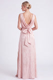 Pink Flower Cowl Neck A-Line Belt Long Bridesmaid Dress with Slit
