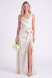 Pink Flower Cowl Neck A-Line Belt Long Bridesmaid Dress with Slit
