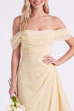 Daffodil Off the Shoulder Chiffon Ruched Long Bridesmaid Dress