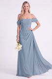 Daffodil Off the Shoulder Chiffon Ruched Long Bridesmaid Dress