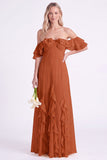 Off the Shoulder Daffodil Chiffon Ruffled Long Bridesmaid Dress