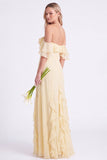 Off the Shoulder Daffodil Chiffon Ruffled Long Bridesmaid Dress