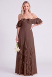Off the Shoulder Daffodil Chiffon Ruffled Long Bridesmaid Dress