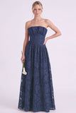 Strapless Espresso A-Line Floral Long Bridesmaid Dress with Ruffles