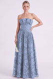 Strapless Espresso A-Line Floral Long Bridesmaid Dress with Ruffles