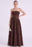 Strapless Espresso A-Line Floral Long Bridesmaid Dress with Ruffles