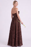 Strapless Espresso A-Line Floral Long Bridesmaid Dress with Ruffles