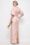 Blush Pink Bodycon Round Neck Floral Puff Sleeves Long Bridesmaid Dress with Slit