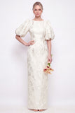 Blush Pink Bodycon Round Neck Floral Puff Sleeves Long Bridesmaid Dress with Slit