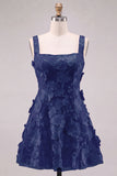 A-Line Square Neck Floral Pink Short Homecoming Dress with Appliques