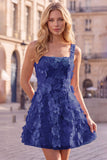A-Line Square Neck Floral Pink Short Homecoming Dress with Appliques