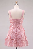 A-Line Square Neck Floral Pink Short Homecoming Dress with Appliques