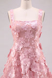 A-Line Square Neck Floral Pink Short Homecoming Dress with Appliques