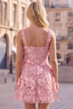 A-Line Square Neck Floral Pink Short Homecoming Dress with Appliques