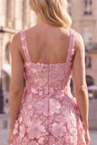 A-Line Square Neck Floral Pink Short Homecoming Dress with Appliques