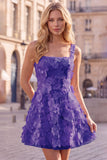 A-Line Square Neck Floral Pink Short Homecoming Dress with Appliques