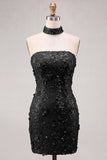 Gold Strapless Sequins Bodycon Short Homecoming Dress with Lace Up Back