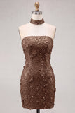 Gold Strapless Sequins Bodycon Short Homecoming Dress with Lace Up Back