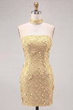 Gold Strapless Sequins Bodycon Short Homecoming Dress with Lace Up Back