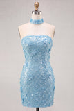 Gold Strapless Sequins Bodycon Short Homecoming Dress with Lace Up Back