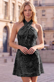 Blue Halter Neck A-Line Floral Short Homecoming Dress with Sequins
