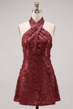 Blue Halter Neck A-Line Floral Short Homecoming Dress with Sequins
