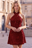 Blue Halter Neck A-Line Floral Short Homecoming Dress with Sequins