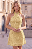 Blue Halter Neck A-Line Floral Short Homecoming Dress with Sequins