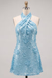 Blue Halter Neck A-Line Floral Short Homecoming Dress with Sequins