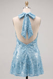 Blue Halter Neck A-Line Floral Short Homecoming Dress with Sequins