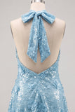 Blue Halter Neck A-Line Floral Short Homecoming Dress with Sequins