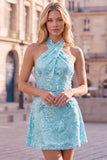 Blue Halter Neck A-Line Floral Short Homecoming Dress with Sequins
