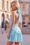 Blue Halter Neck A-Line Floral Short Homecoming Dress with Sequins