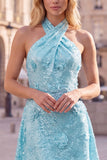 Blue Halter Neck A-Line Floral Short Homecoming Dress with Sequins
