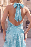 Blue Halter Neck A-Line Floral Short Homecoming Dress with Sequins