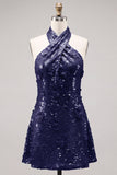 Blue Halter Neck A-Line Floral Short Homecoming Dress with Sequins